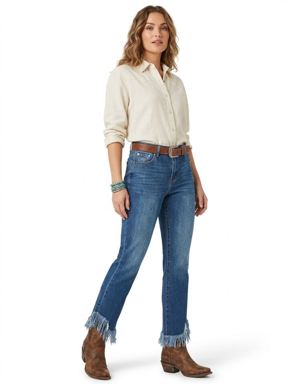 Versona $50 W15-16” R10” I24.5-26” Modern Crop Fringe Hem Jeans Medium Wash 8